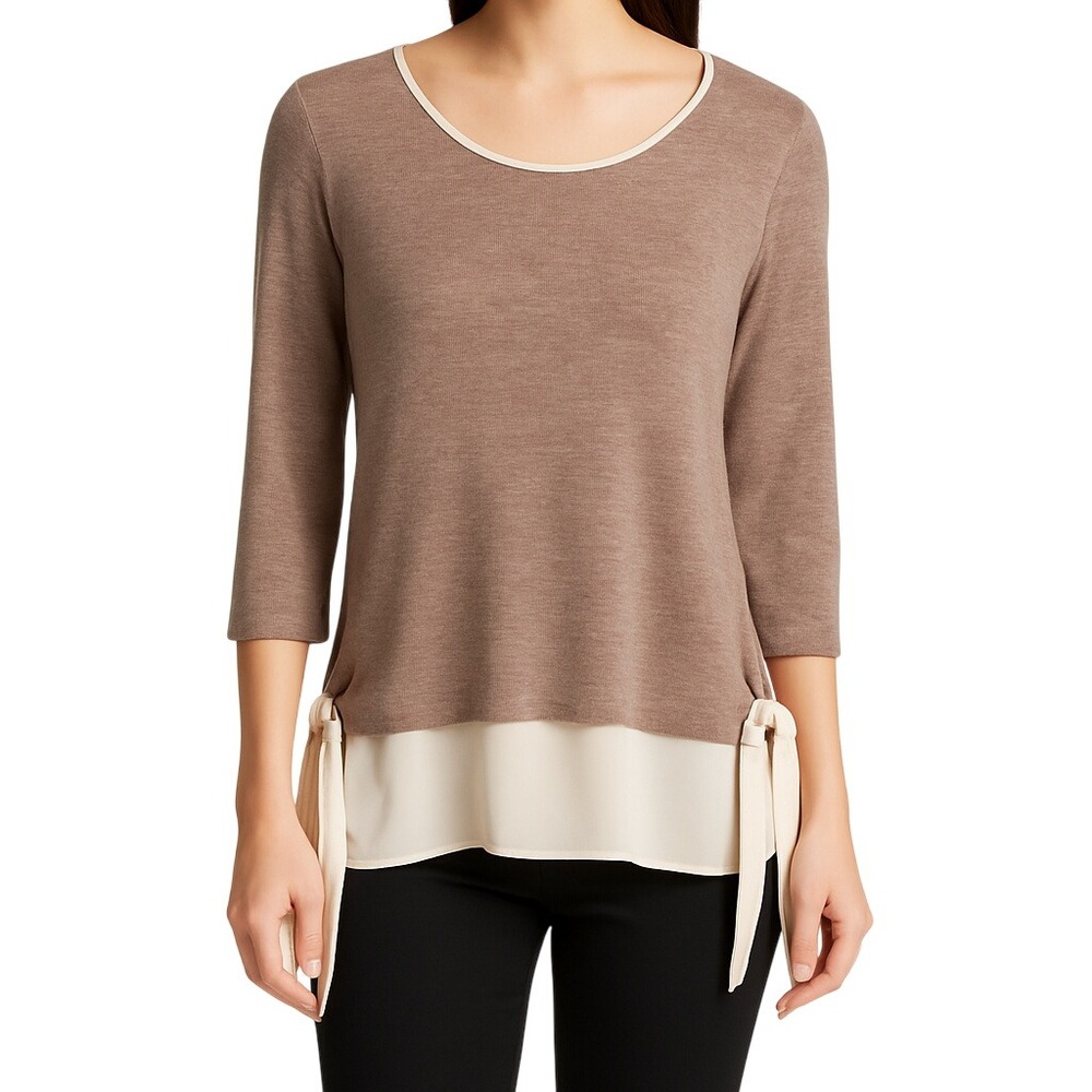 Lauren Conrad Brown Layered Knit Top Chiffon Hem Side Ties Scoop Neck S Casual